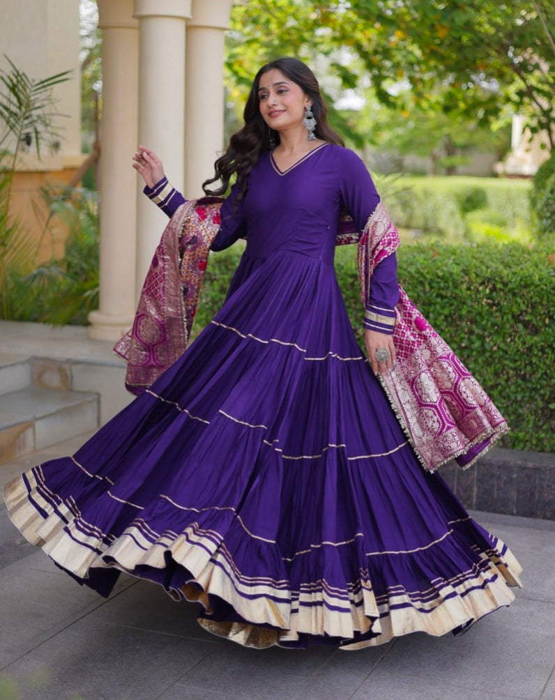 Purple Pure Reyon Cotton Gotta Patti Lace Work Anarkali Long Gown