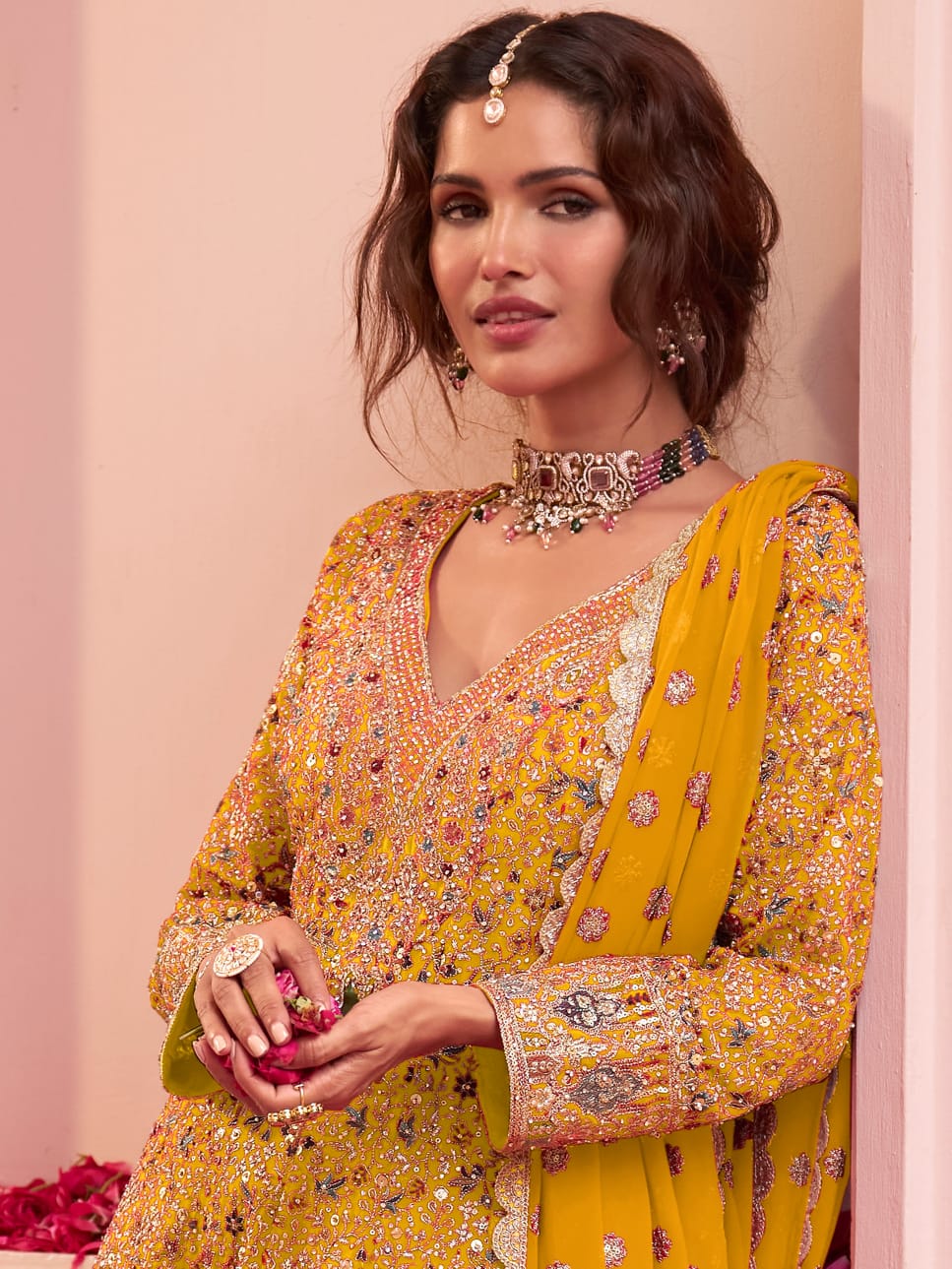 Yellow Embroidered Georgette Sharara Suit Set with Dupatta