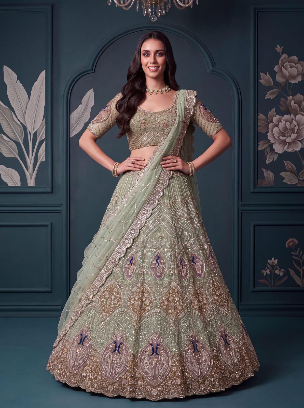 Pista Pure Heavy Net Motif Handwork Zari Sequins Work Bridal Lehenga Choli