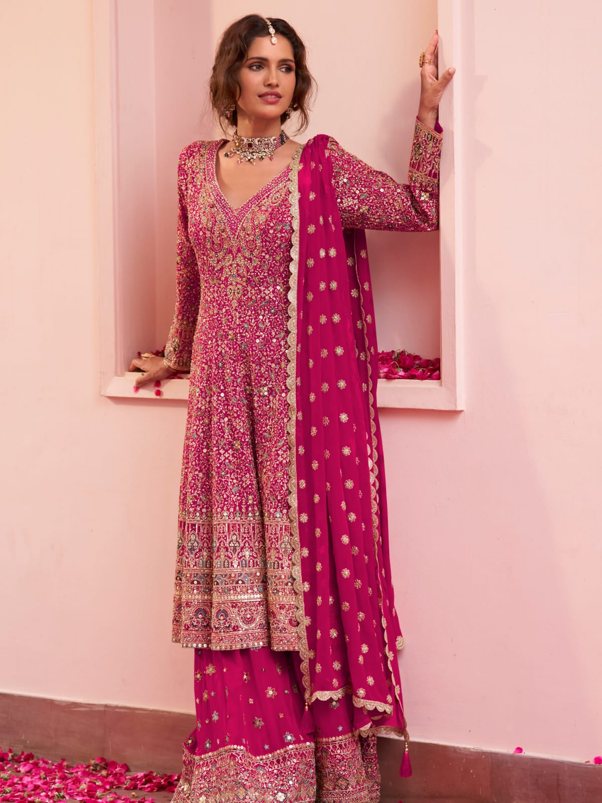 Pink Designer Embroidered Georgette Sharara Suit Set with Dupatta