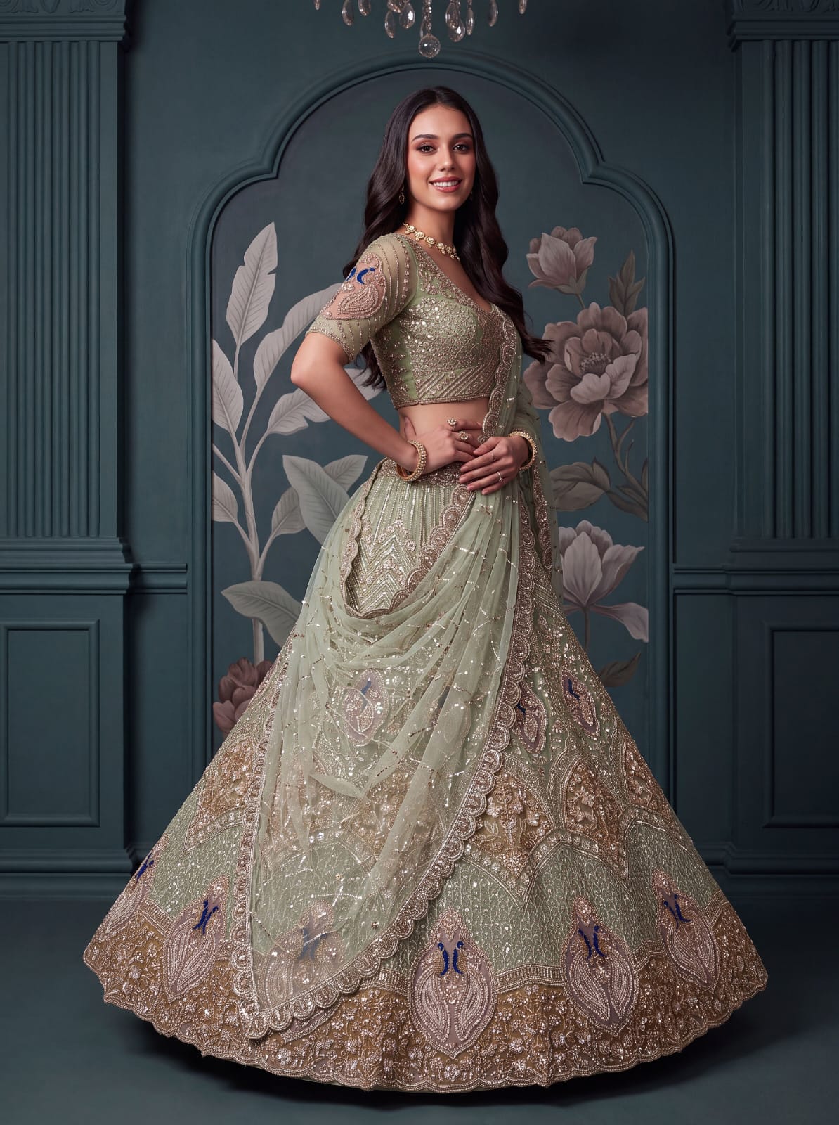 Pista Pure Heavy Net Motif Handwork Zari Sequins Work Bridal Lehenga Choli
