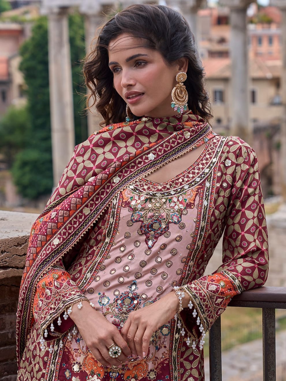 Maroon Printed Palazzo Suit with Dupatta
