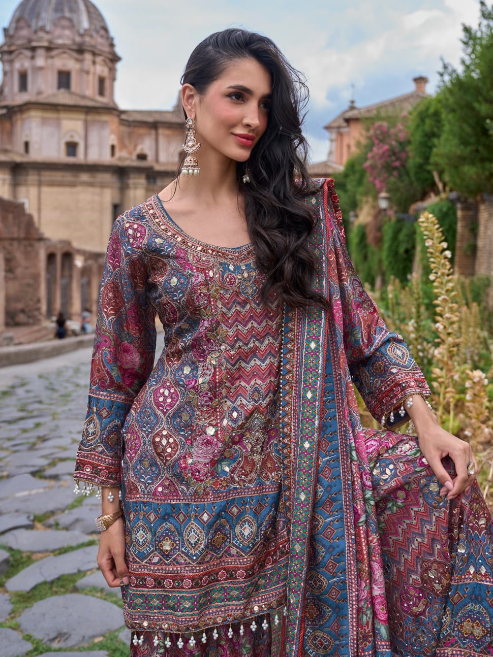 Wine & Blue Printed Palazzo Suit with Dupatta