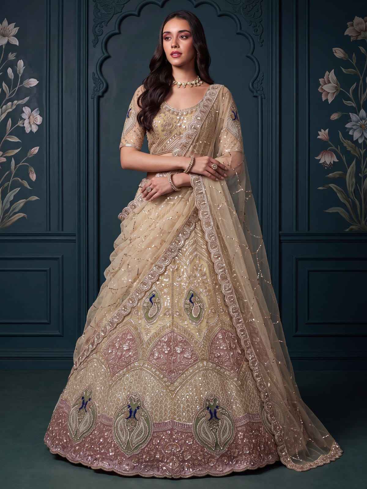 Beige Pure Heavy Net Motif Handwork Zari Sequins Work Bridal Lehenga Choli