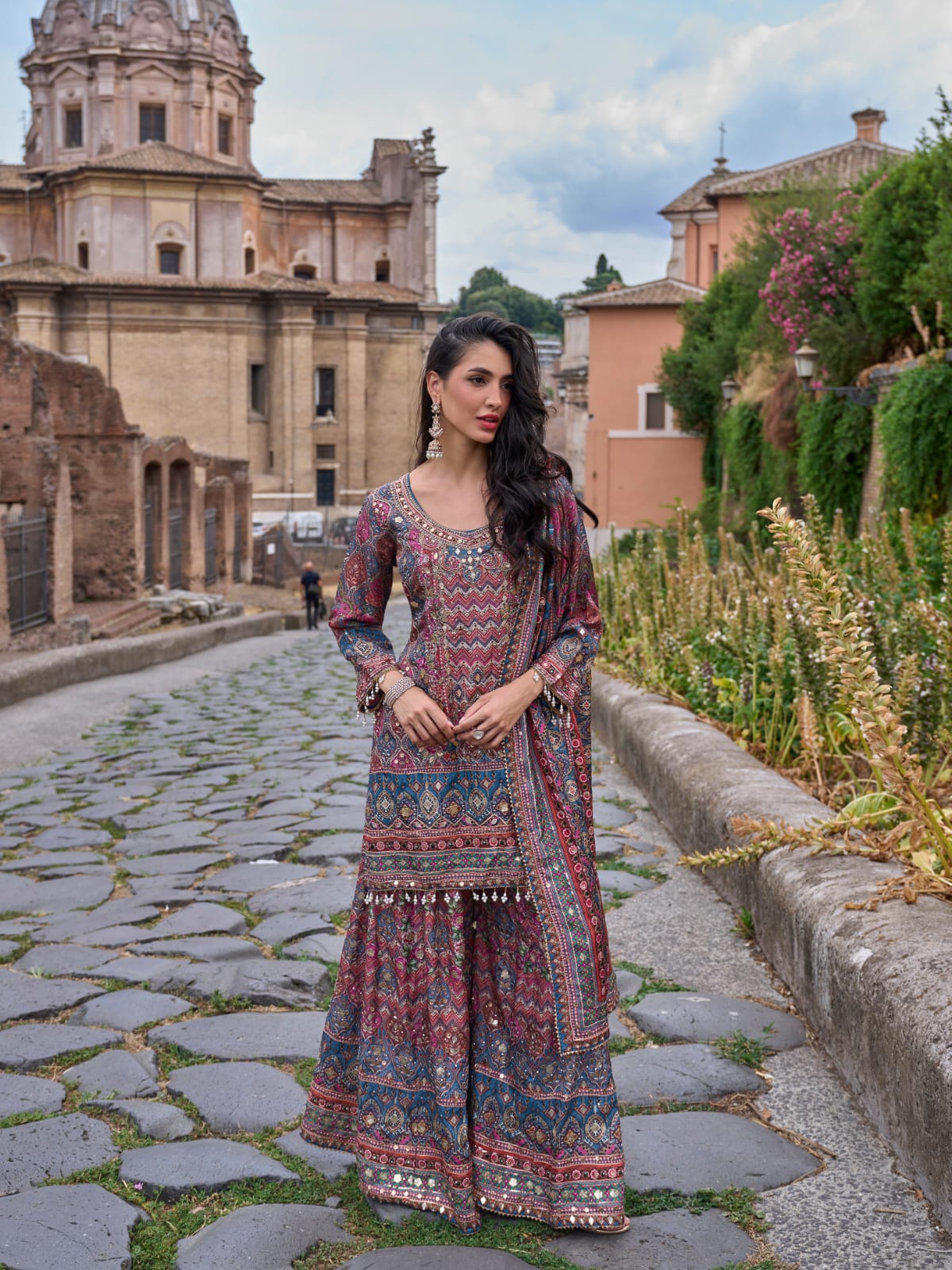 Wine & Blue Printed Palazzo Suit with Dupatta
