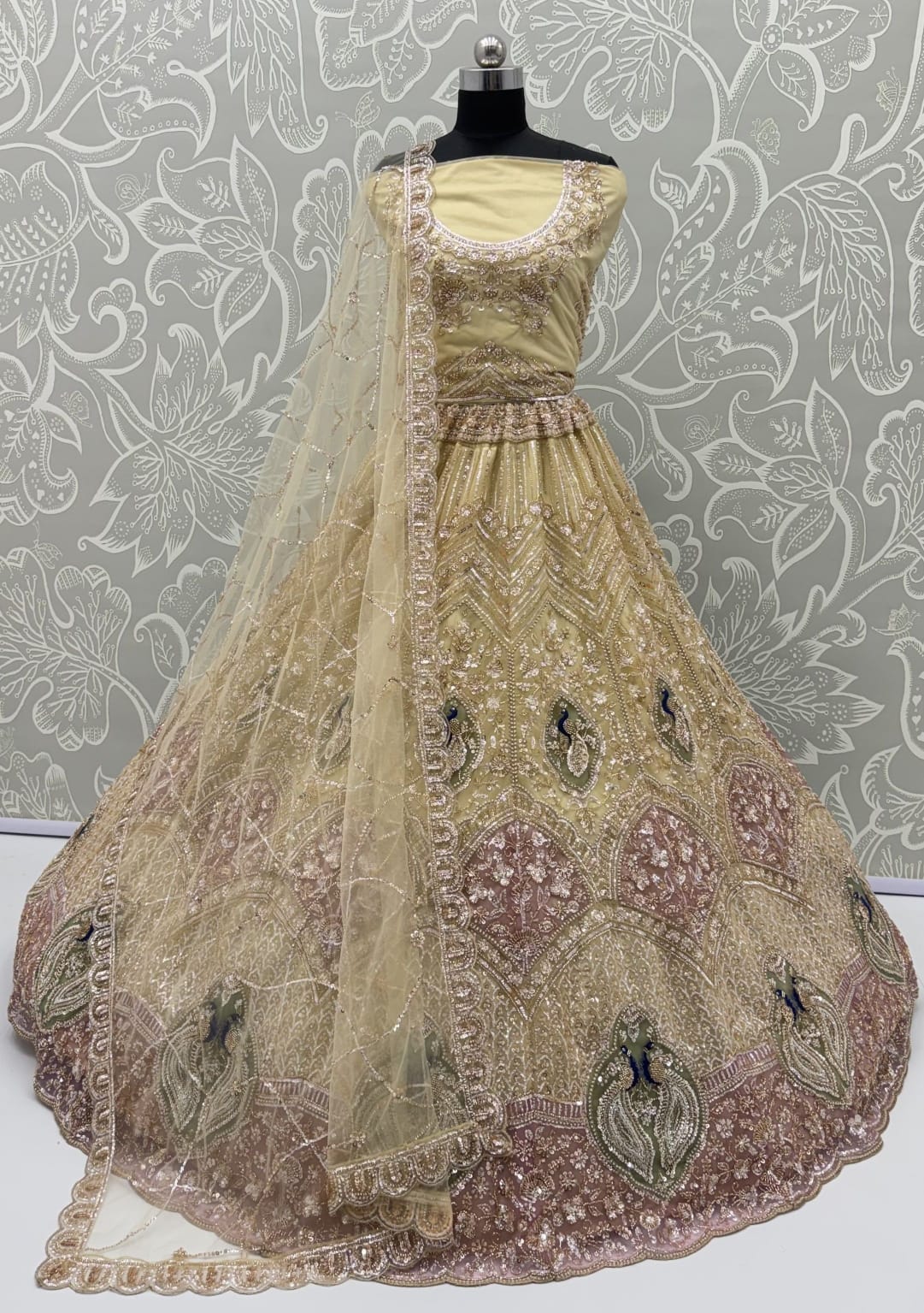 Beige Pure Heavy Net Motif Handwork Zari Sequins Work Bridal Lehenga Choli