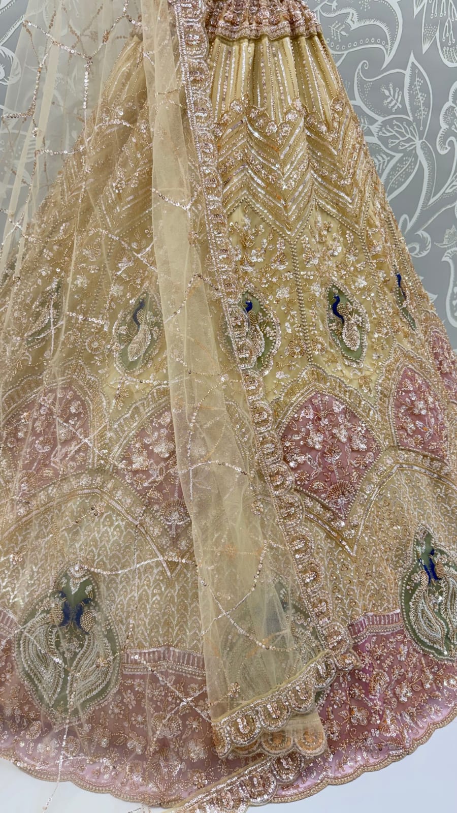 Beige Pure Heavy Net Motif Handwork Zari Sequins Work Bridal Lehenga Choli