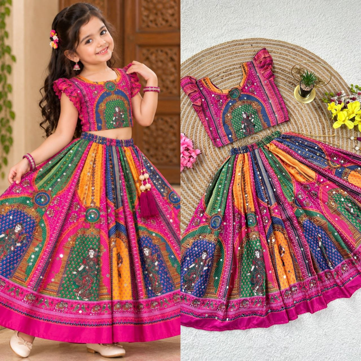 Pink Heavy Chinon Silk Digital Print & Hand Mirror Work Kids Lehenga Choli