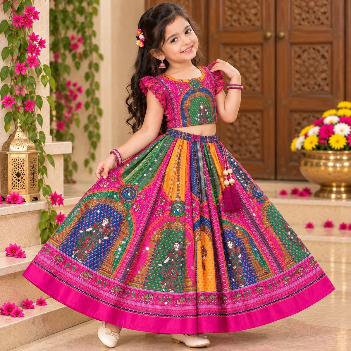 Pink Heavy Chinon Silk Digital Print & Hand Mirror Work Kids Lehenga Choli