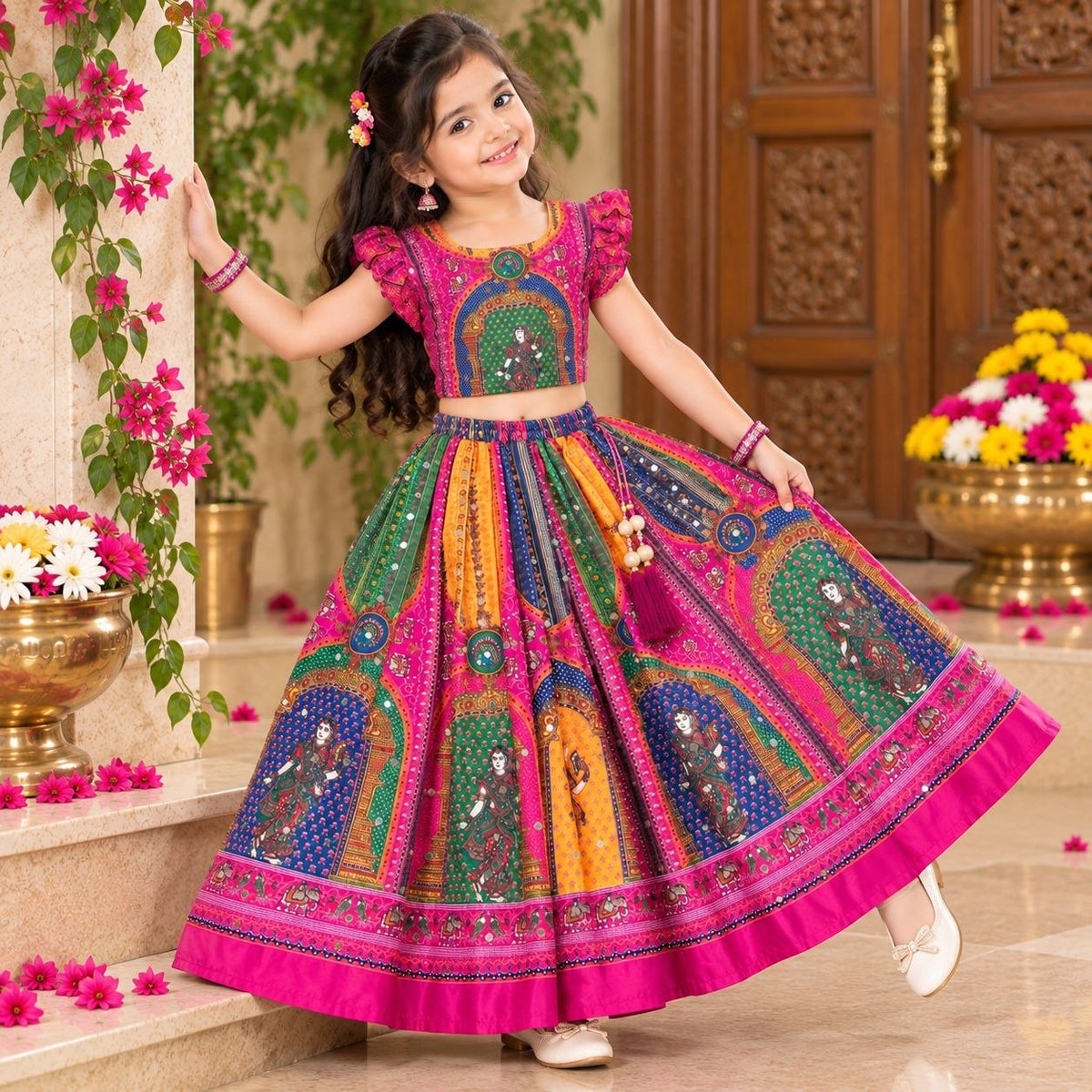 Pink Heavy Chinon Silk Digital Print & Hand Mirror Work Kids Lehenga Choli