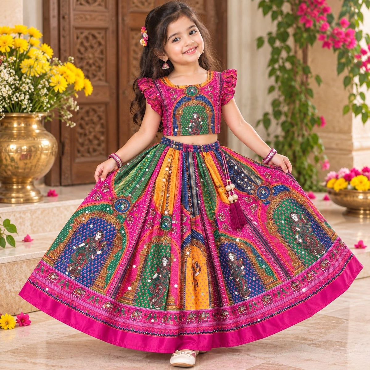 Pink Heavy Chinon Silk Digital Print & Hand Mirror Work Kids Lehenga Choli