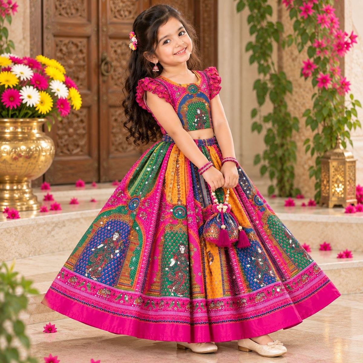 Pink Heavy Chinon Silk Digital Print & Hand Mirror Work Kids Lehenga Choli