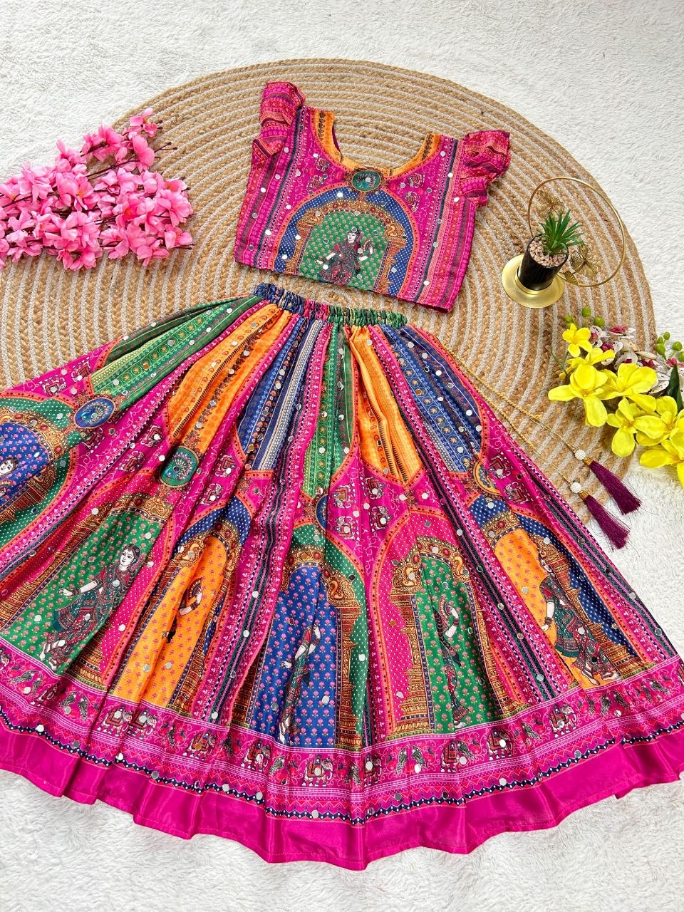 Pink Heavy Chinon Silk Digital Print & Hand Mirror Work Kids Lehenga Choli