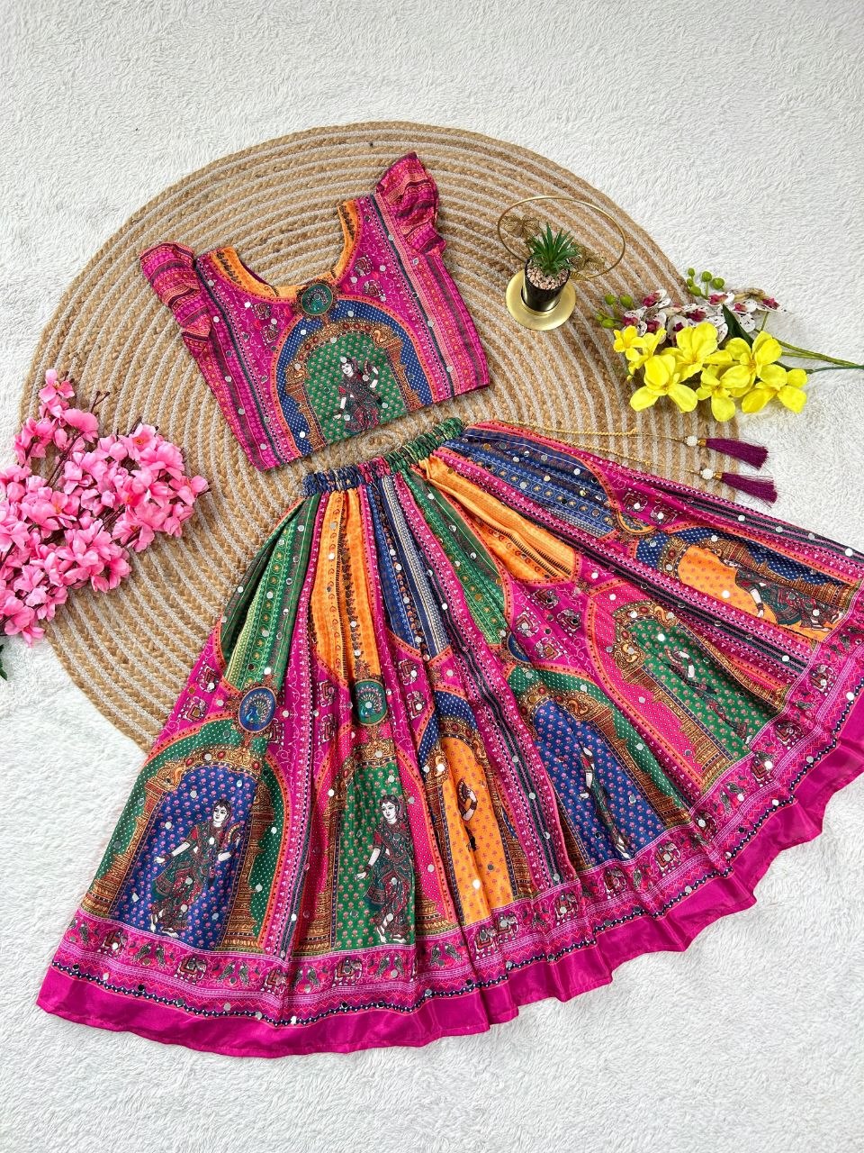 Pink Heavy Chinon Silk Digital Print & Hand Mirror Work Kids Lehenga Choli