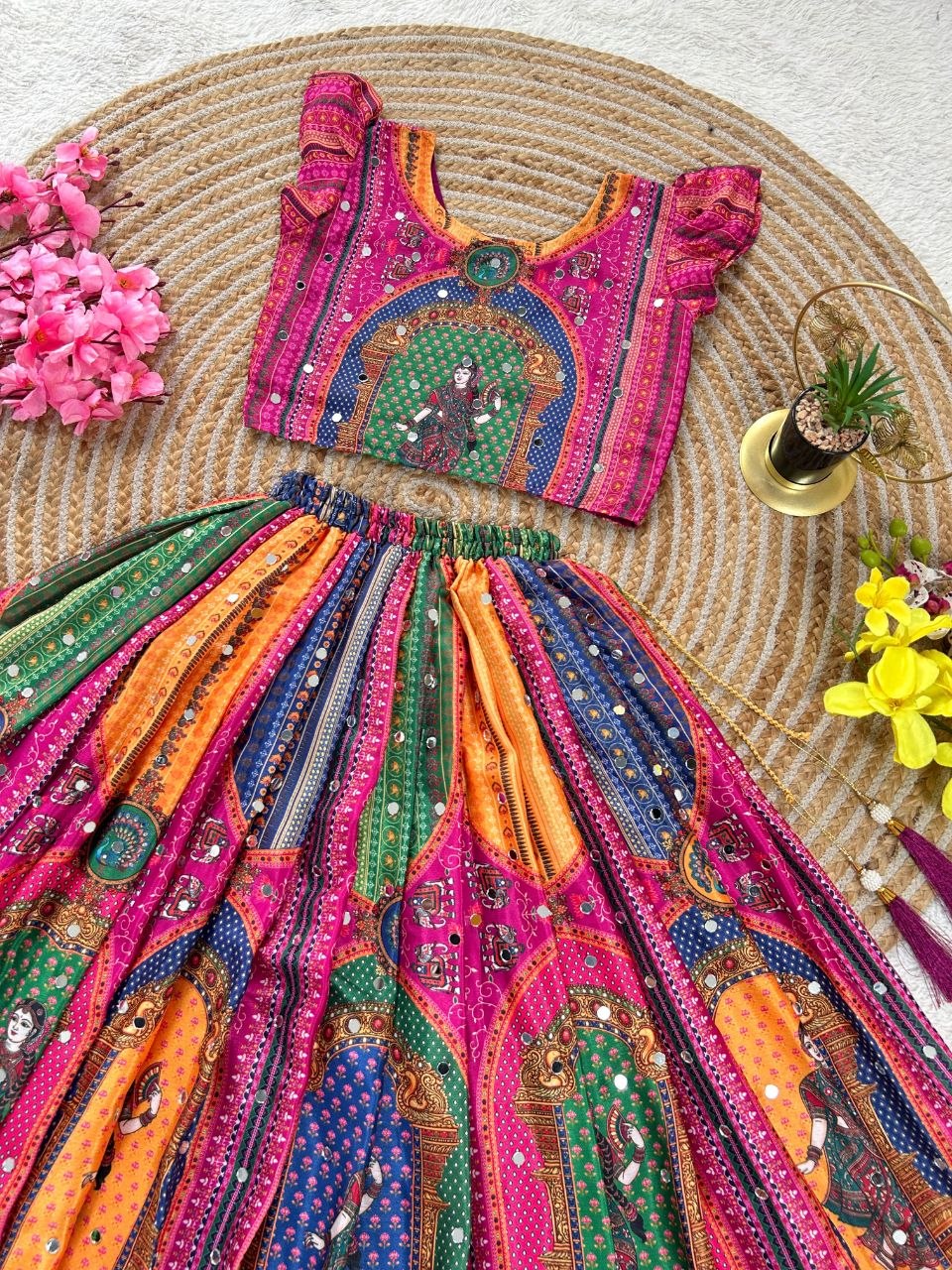 Pink Heavy Chinon Silk Digital Print & Hand Mirror Work Kids Lehenga Choli