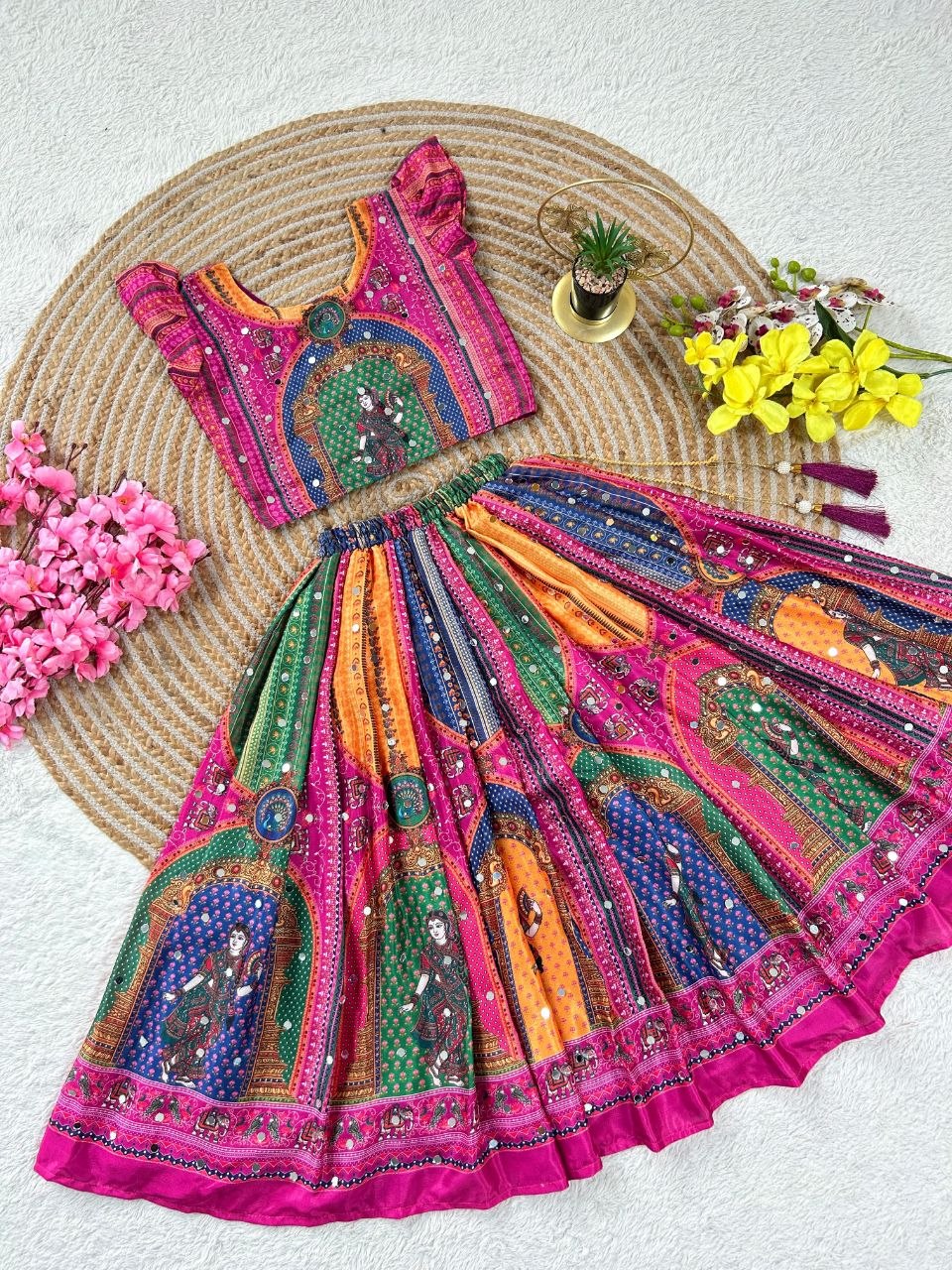 Pink Heavy Chinon Silk Digital Print & Hand Mirror Work Kids Lehenga Choli