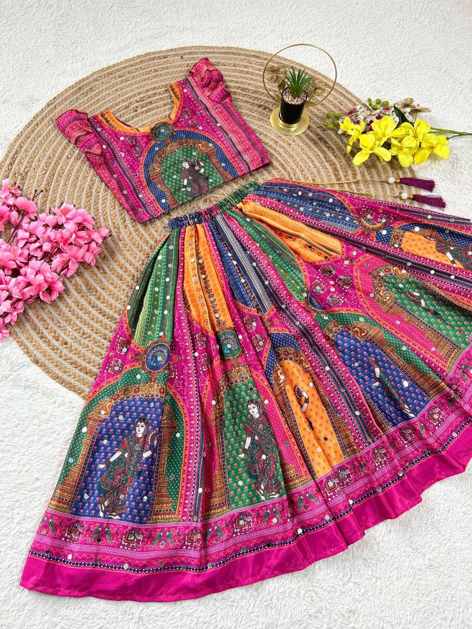 Pink Heavy Chinon Silk Digital Print & Hand Mirror Work Kids Lehenga Choli