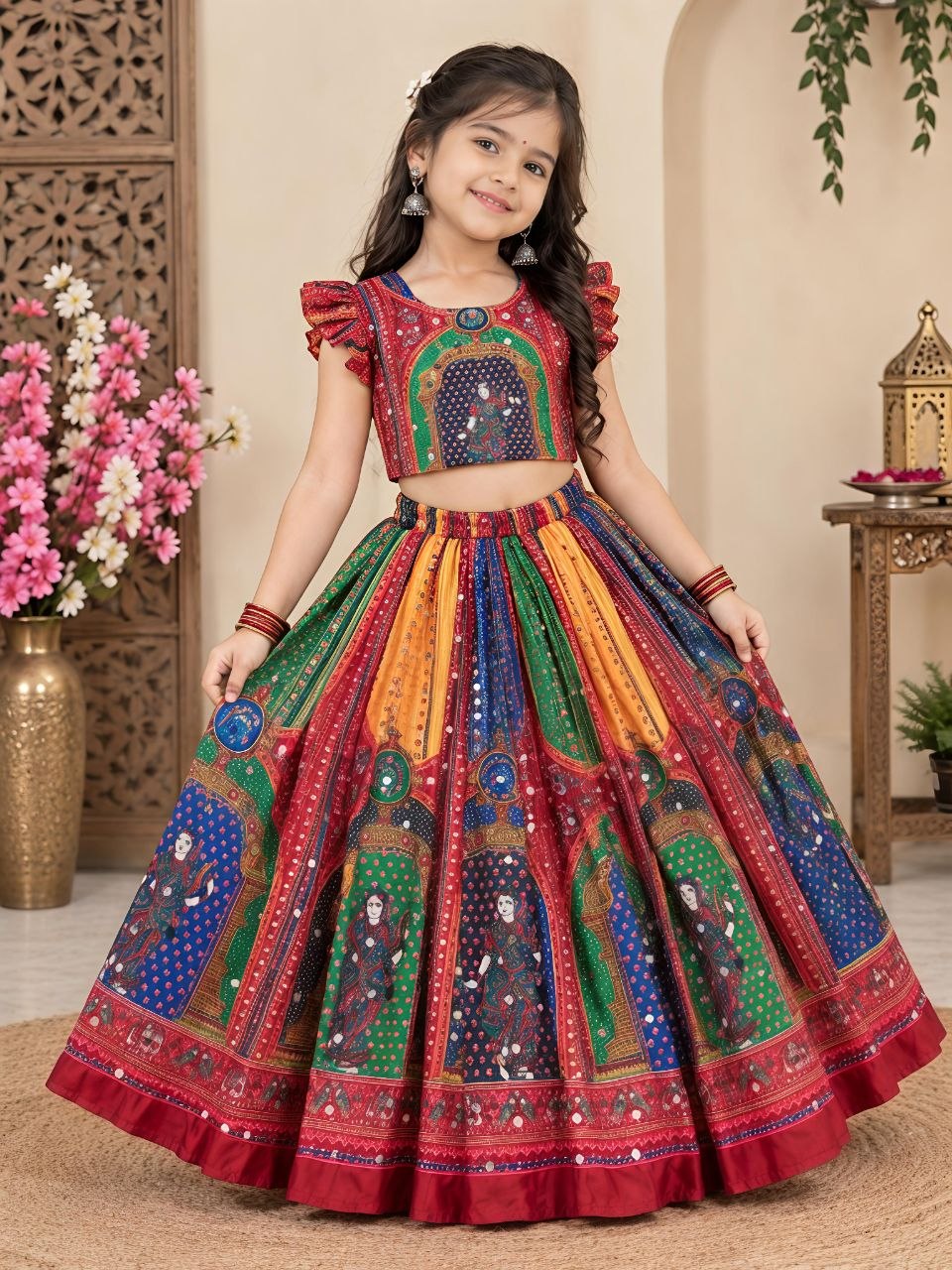 Red Heavy Chinon Silk Digital Print & Hand Mirror Work Kids Lehenga Choli