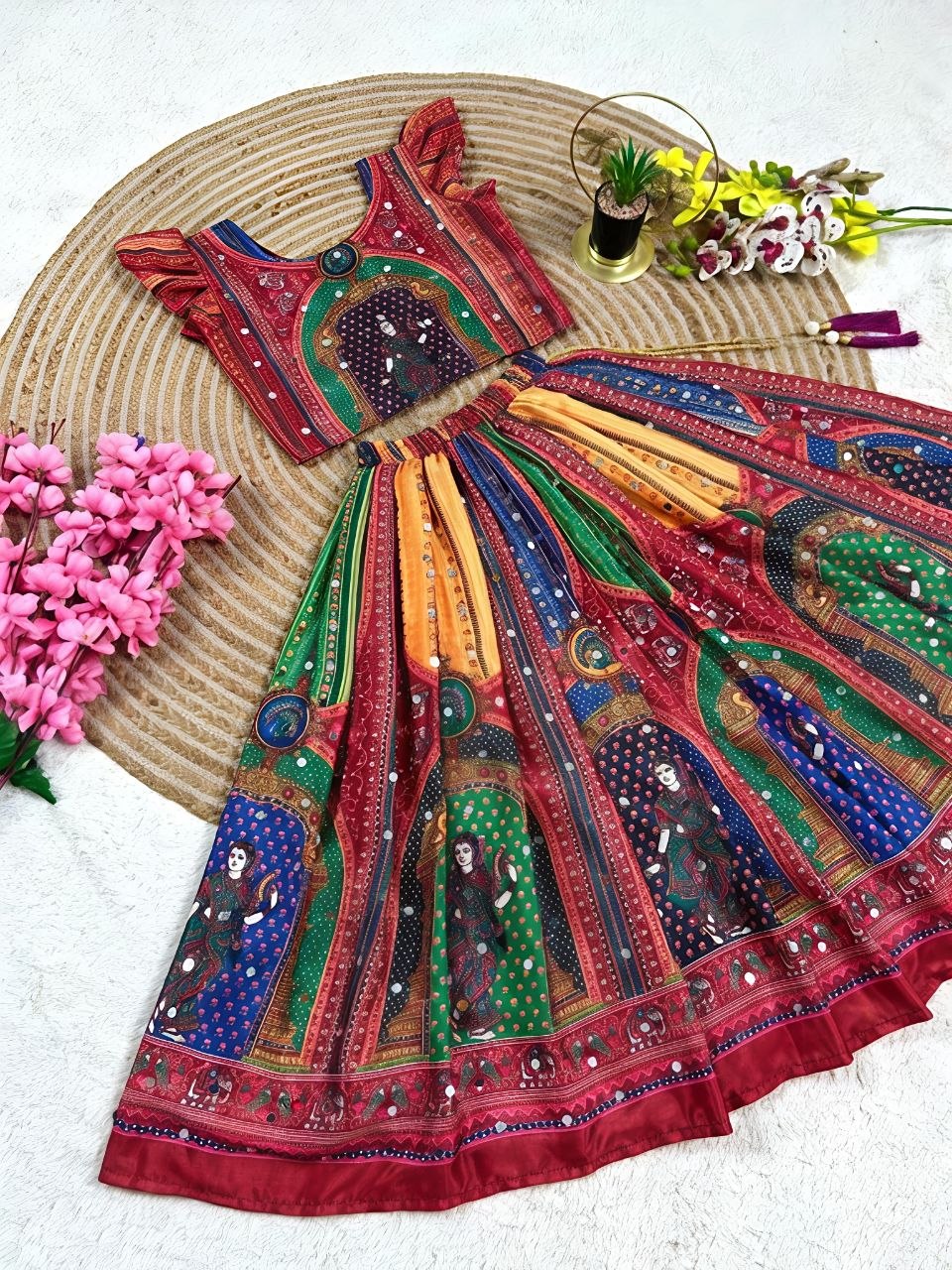 Red Heavy Chinon Silk Digital Print & Hand Mirror Work Kids Lehenga Choli