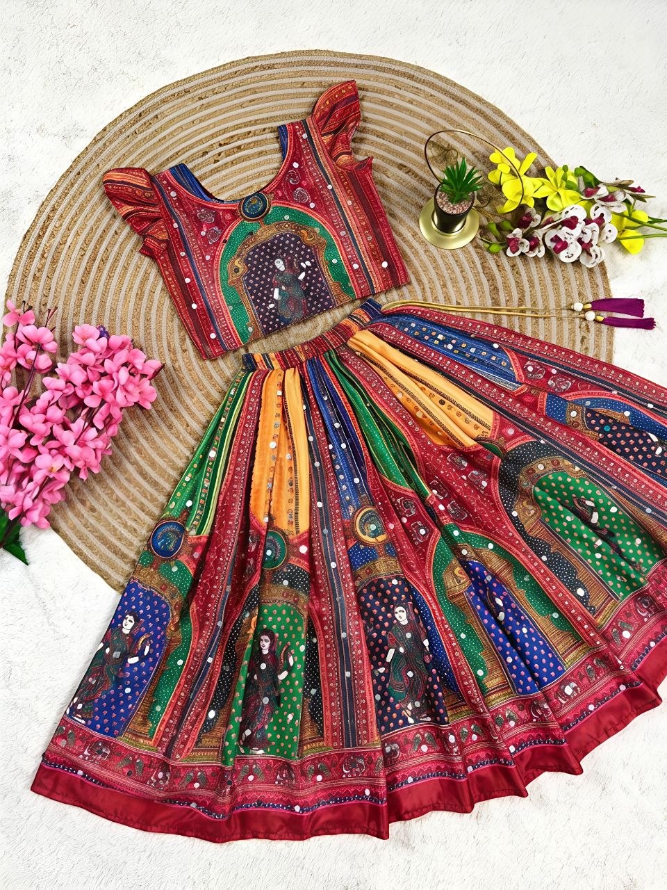 Red Heavy Chinon Silk Digital Print & Hand Mirror Work Kids Lehenga Choli