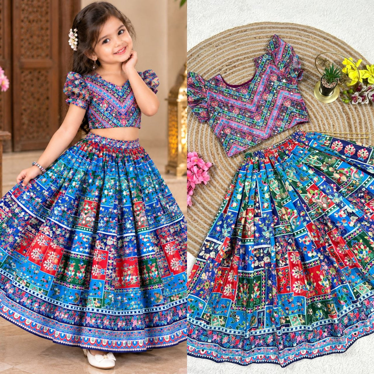 Sky Pure Chinon Silk Digital Print & Hand Mirror Work Kids Lehenga Choli