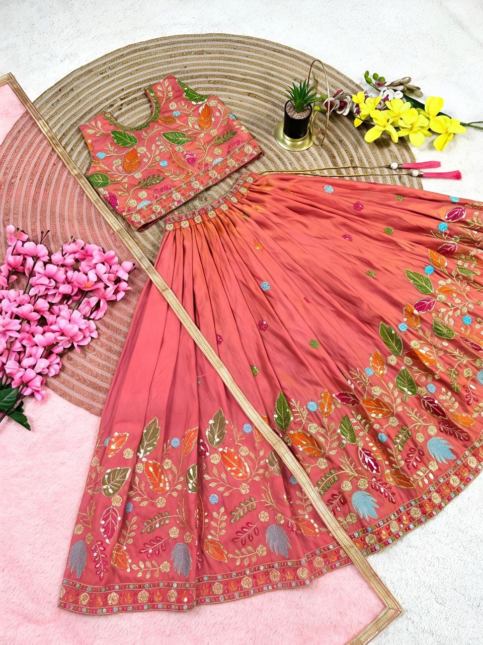 Rust Soft Sindur Silk Siqwons Embroidery Work Kids Lehenga Choli