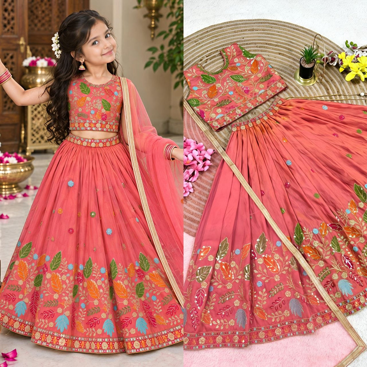 Rust Soft Sindur Silk Siqwons Embroidery Work Kids Lehenga Choli
