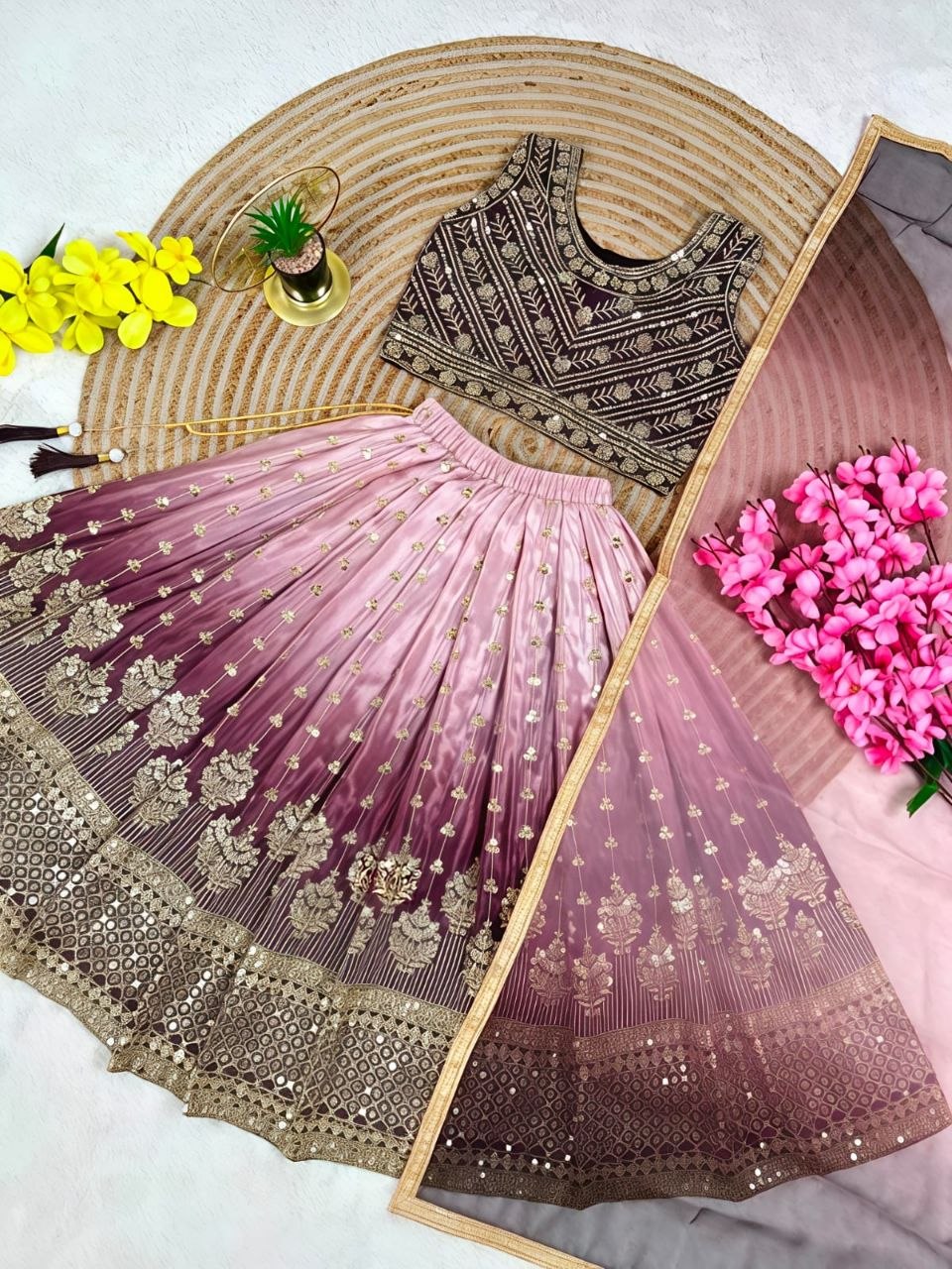 Purple Pure Soft Chinon Silk Digital Print & Sequins Embroidery Work Kids Lehenga Choli