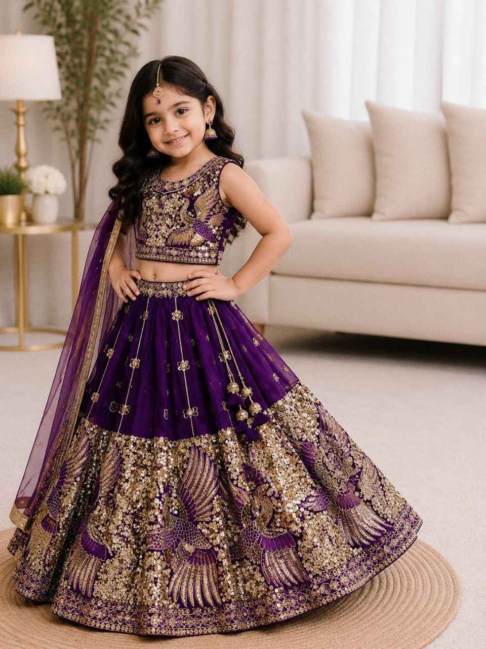 Purple Pure Soft Sindur Silk
Sequins Embroidery Work Kids Lehenga Choli