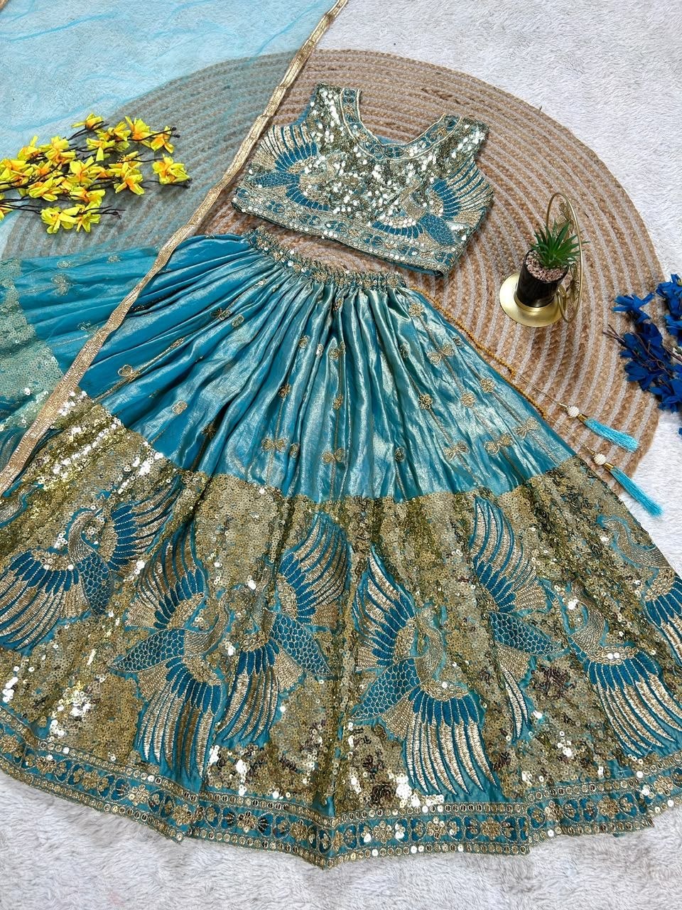 Sky Pure Soft Sindur Silk
Sequins Embroidery Work Kids Lehenga Choli