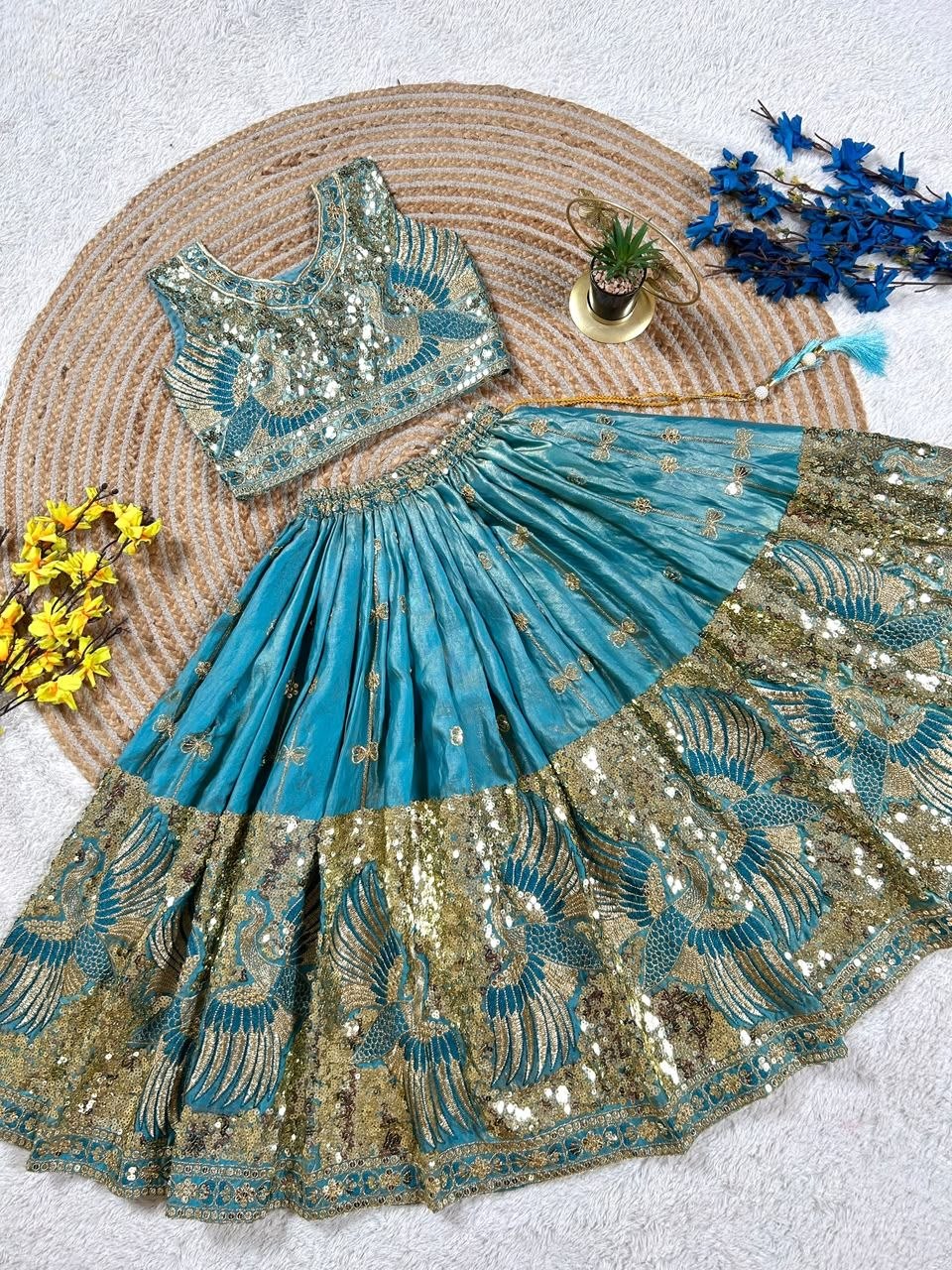 Sky Pure Soft Sindur Silk
Sequins Embroidery Work Kids Lehenga Choli