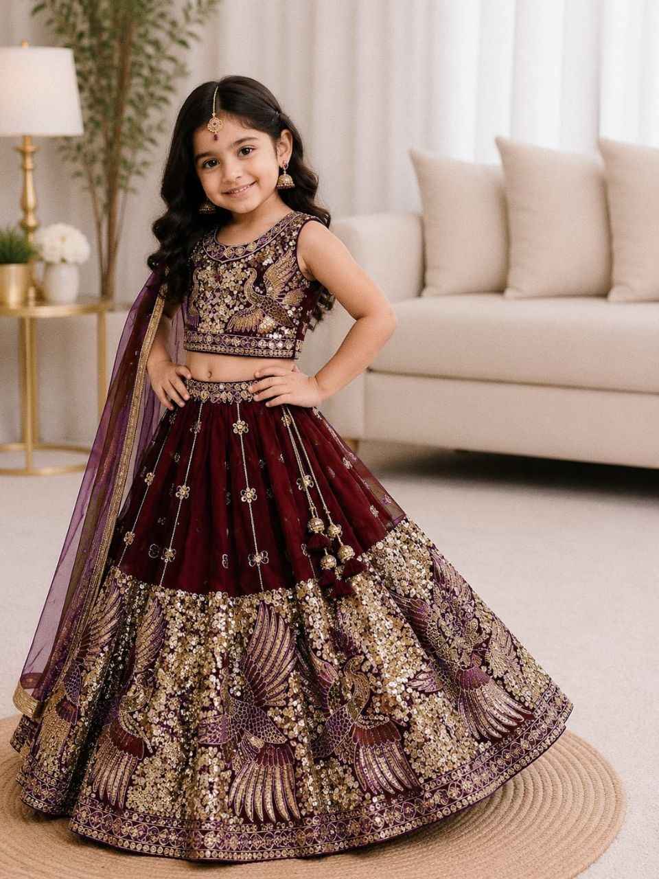 Red Pure Soft Sindur Silk
Sequins Embroidery Work Kids Lehenga Choli