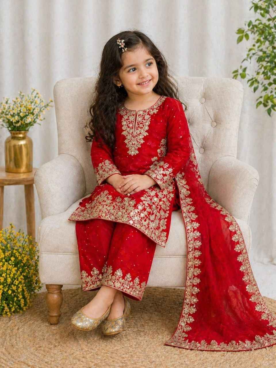 Red Pure Soft Fendy Silk
Sequins Embroidery Work Kids Salwar Suite