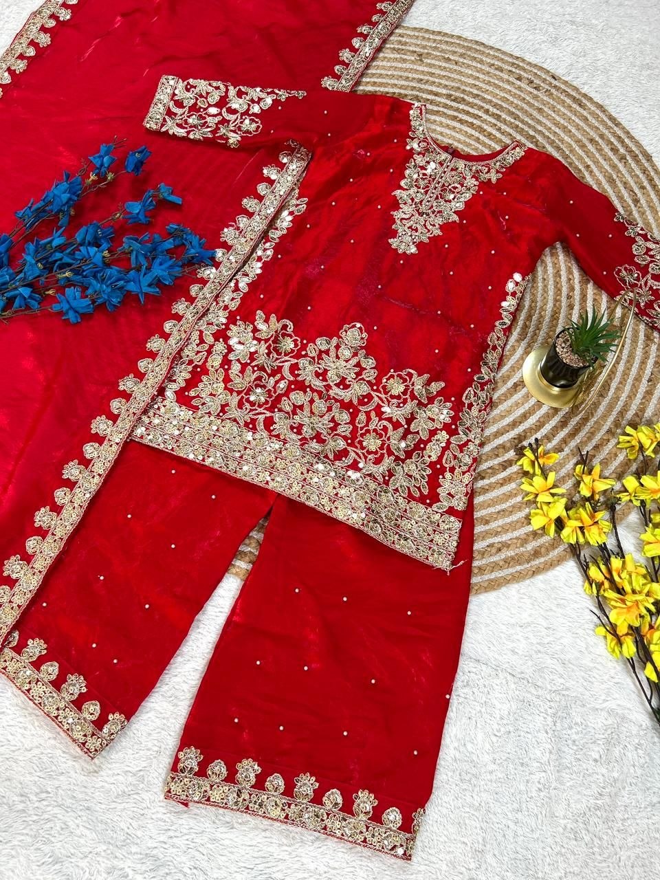 Red Pure Soft Fendy Silk
Sequins Embroidery Work Kids Salwar Suite
