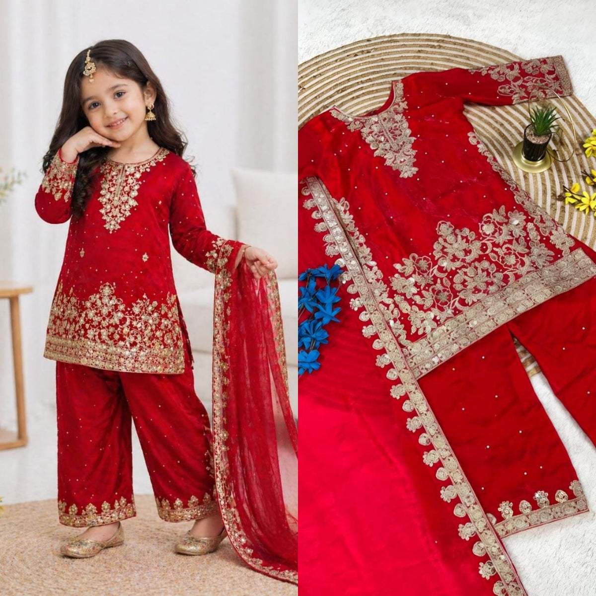Red Pure Soft Fendy Silk
Sequins Embroidery Work Kids Salwar Suite