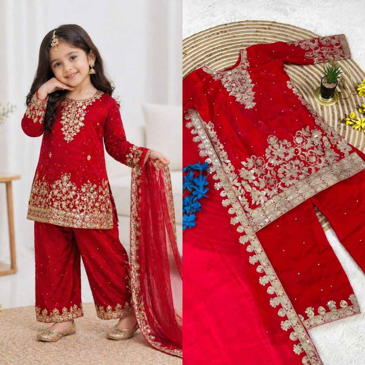 Red Pure Soft Fendy Silk
Sequins Embroidery Work Kids Salwar Suite