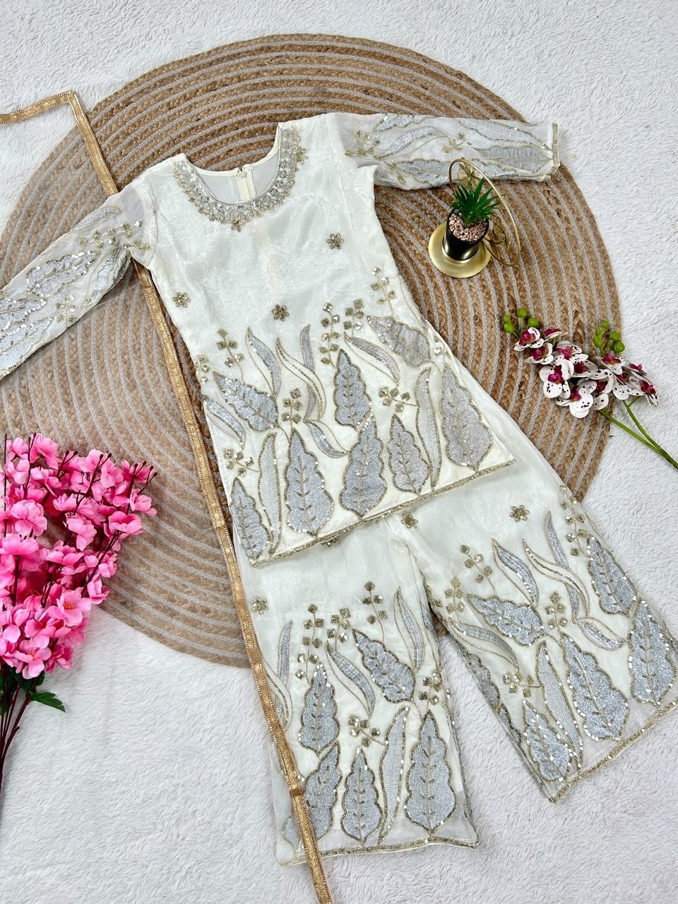 White Pure Soft Fendy Silk
Sequins Embroidery Work Kids Salwar Suite