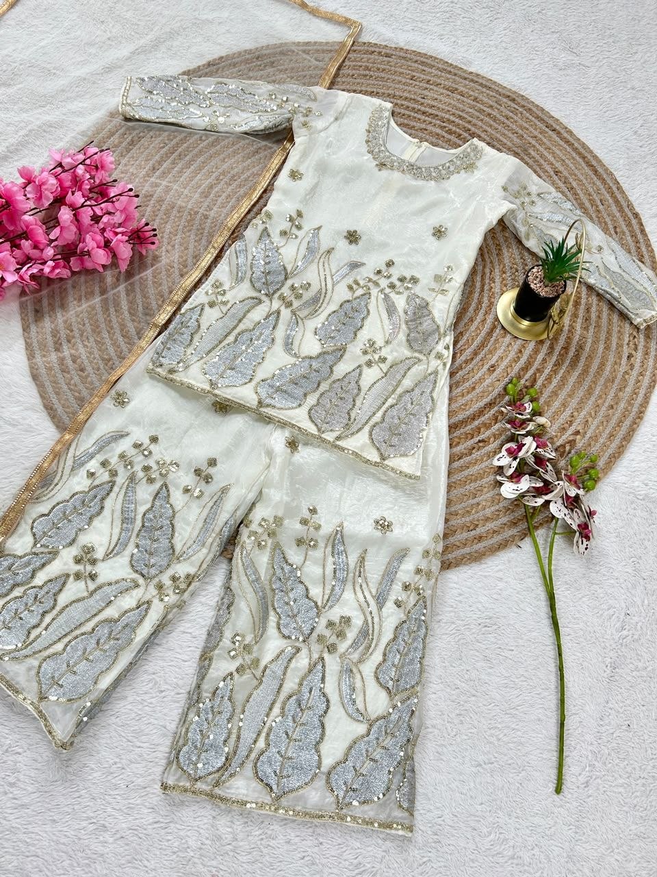 White Pure Soft Fendy Silk
Sequins Embroidery Work Kids Salwar Suite