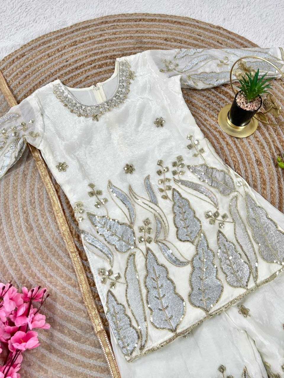White Pure Soft Fendy Silk
Sequins Embroidery Work Kids Salwar Suite