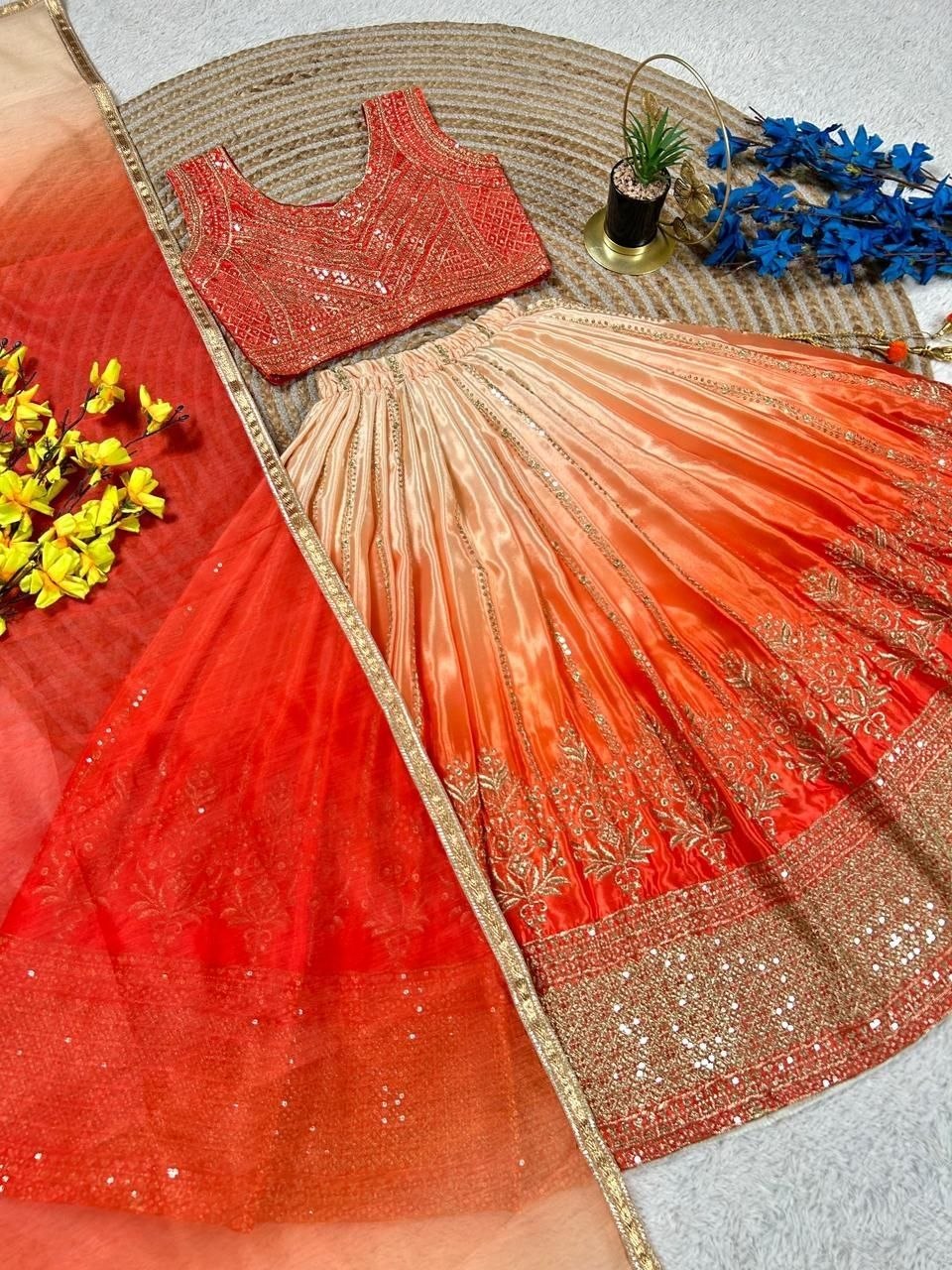 Orange Pure Soft Chinon Silk
Sequins Embroidery Work Kids Lehenga Choli