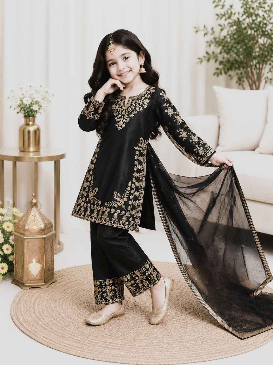Black Pure Soft Fendy Silk
Sequins Embroidery Work Kids Salwar Suite