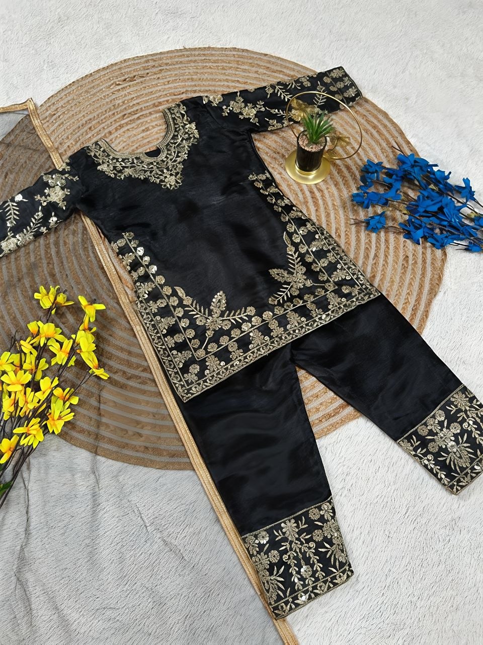 Black Pure Soft Fendy Silk
Sequins Embroidery Work Kids Salwar Suite