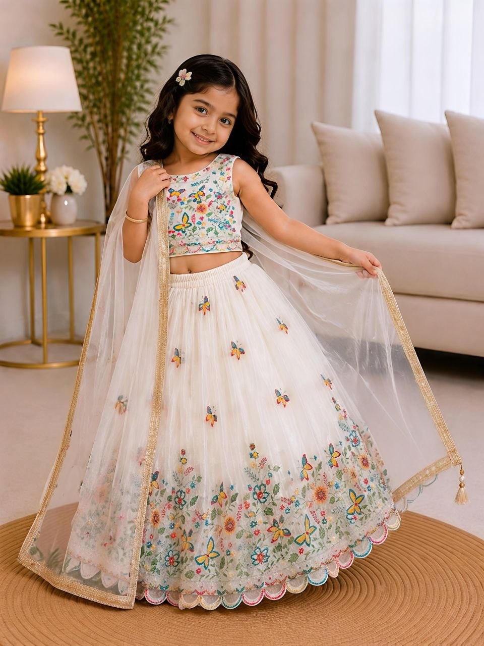 White Pure Soft Chinon Silk
Sequins Embroidery Work Kids Lehenga Choli