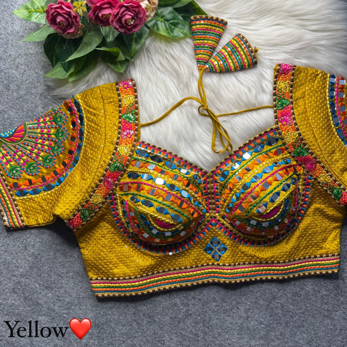 Yellow Pure Heavy Italian Soft Silk Beads Thread Real Mirror Work Navratri Blouse