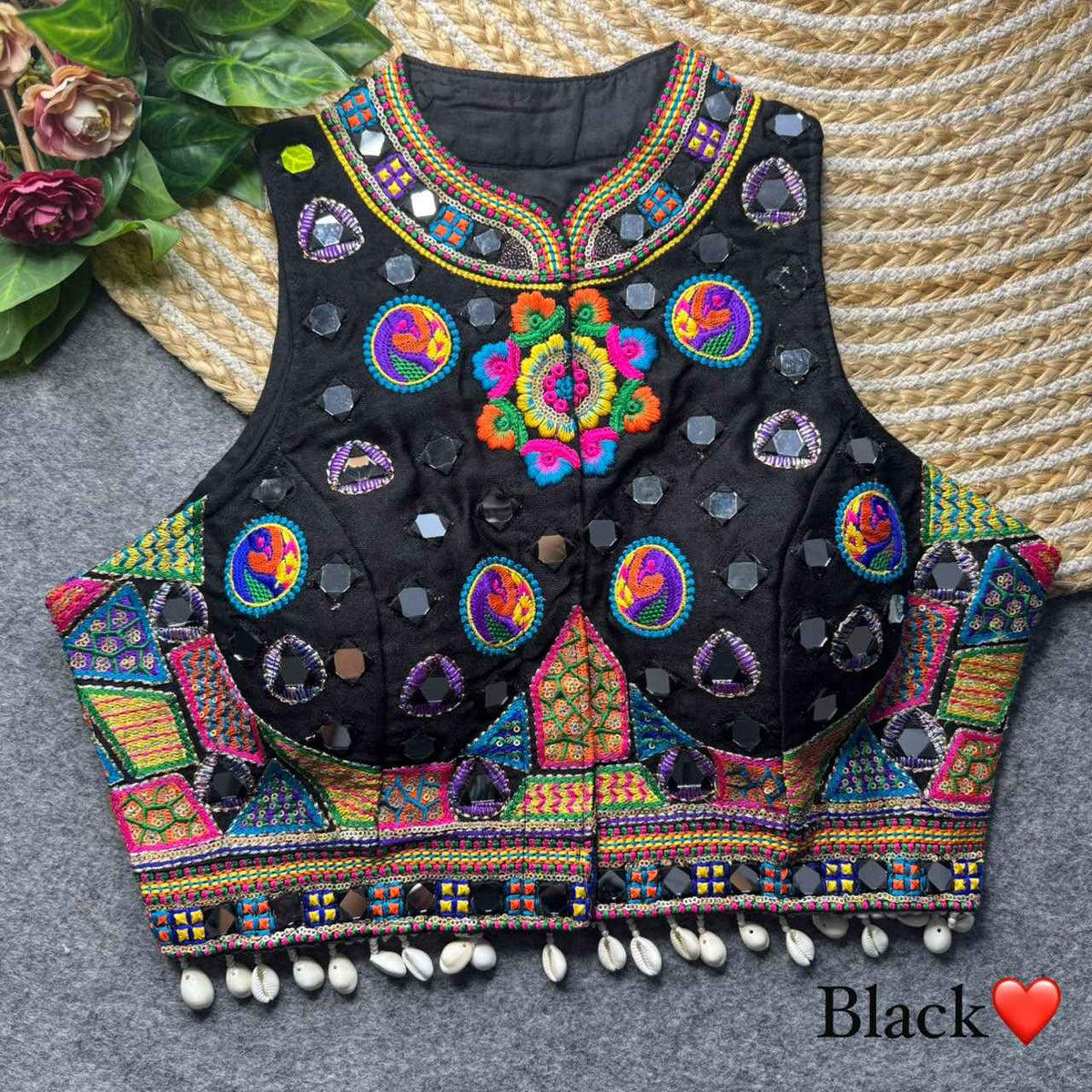 Black Pure Heavy Italian Silk Halter Neck Back Peacock Work Navratri Blouse
