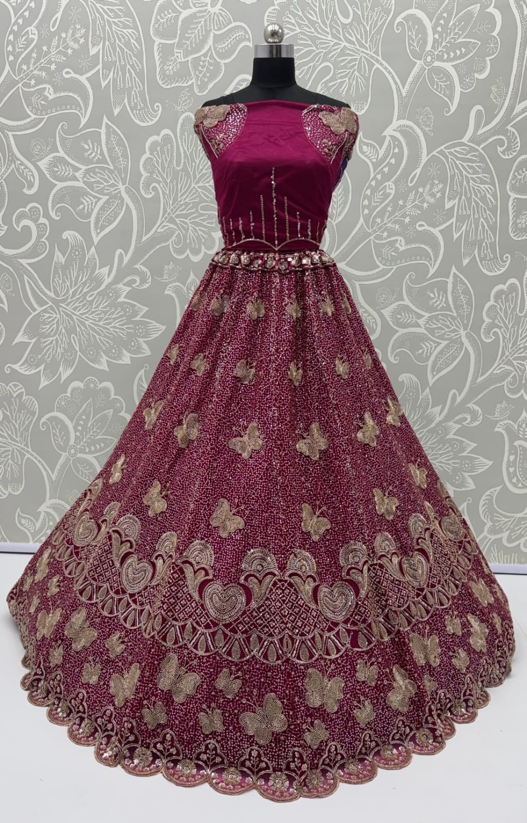 Rani Pure Heavy Net Motif Handwork Zari Sequins Work Bridal Lehenga Choli