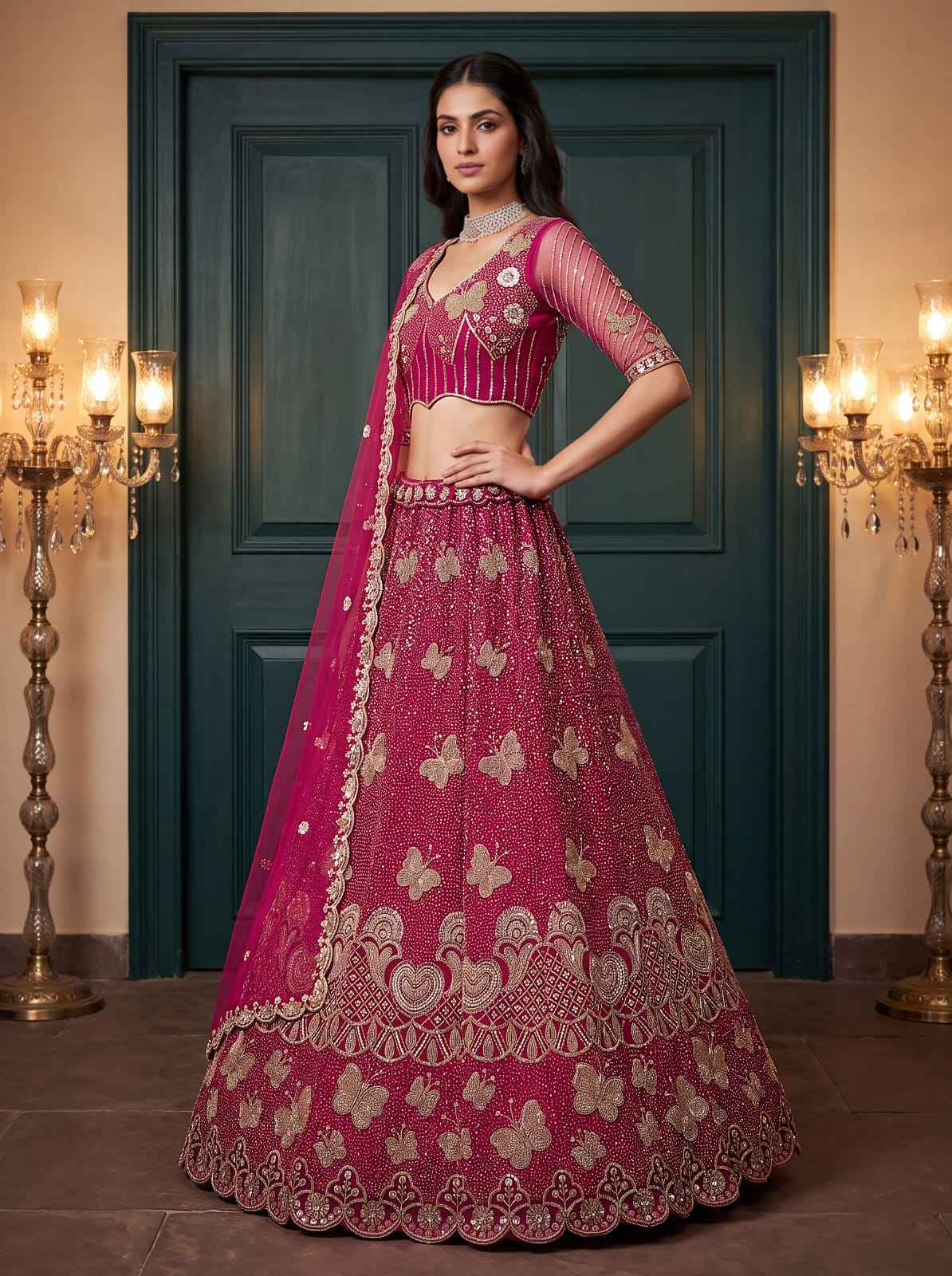 Rani Pure Heavy Net Motif Handwork Zari Sequins Work Bridal Lehenga Choli