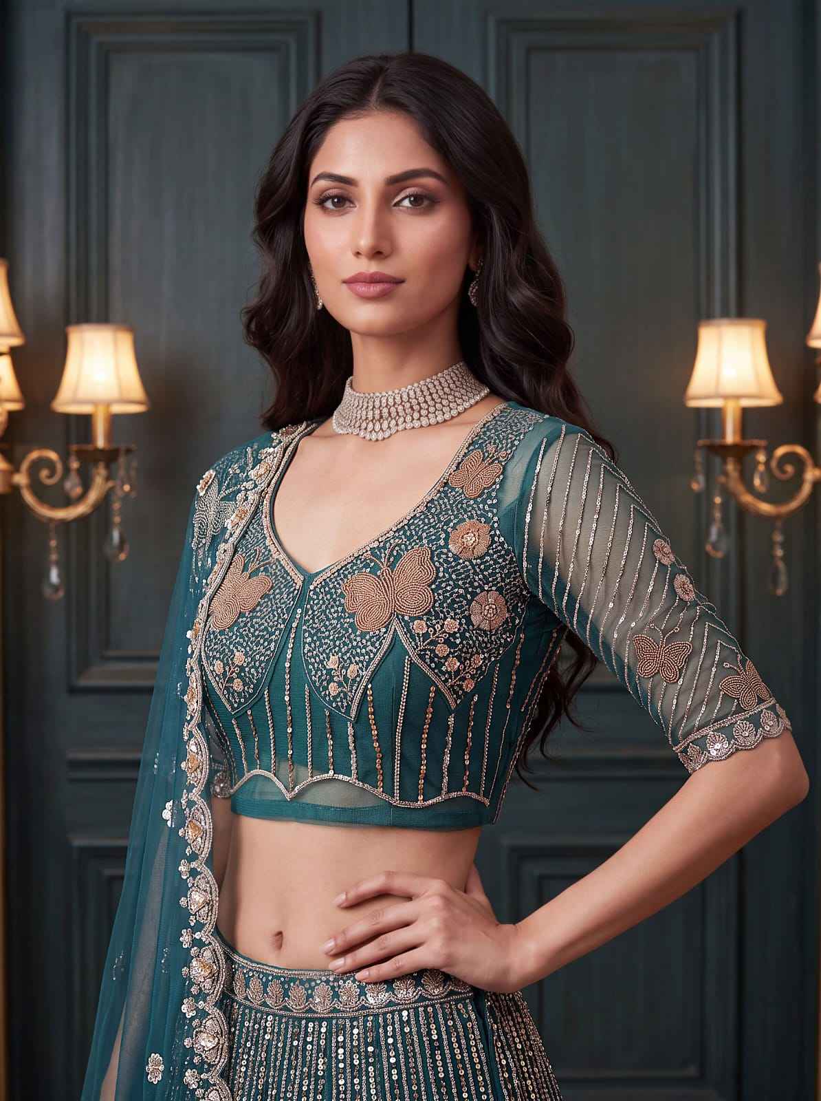 Teal Blue Pure Heavy Net Motif Handwork Zari Sequins Work Bridal Lehenga Choli