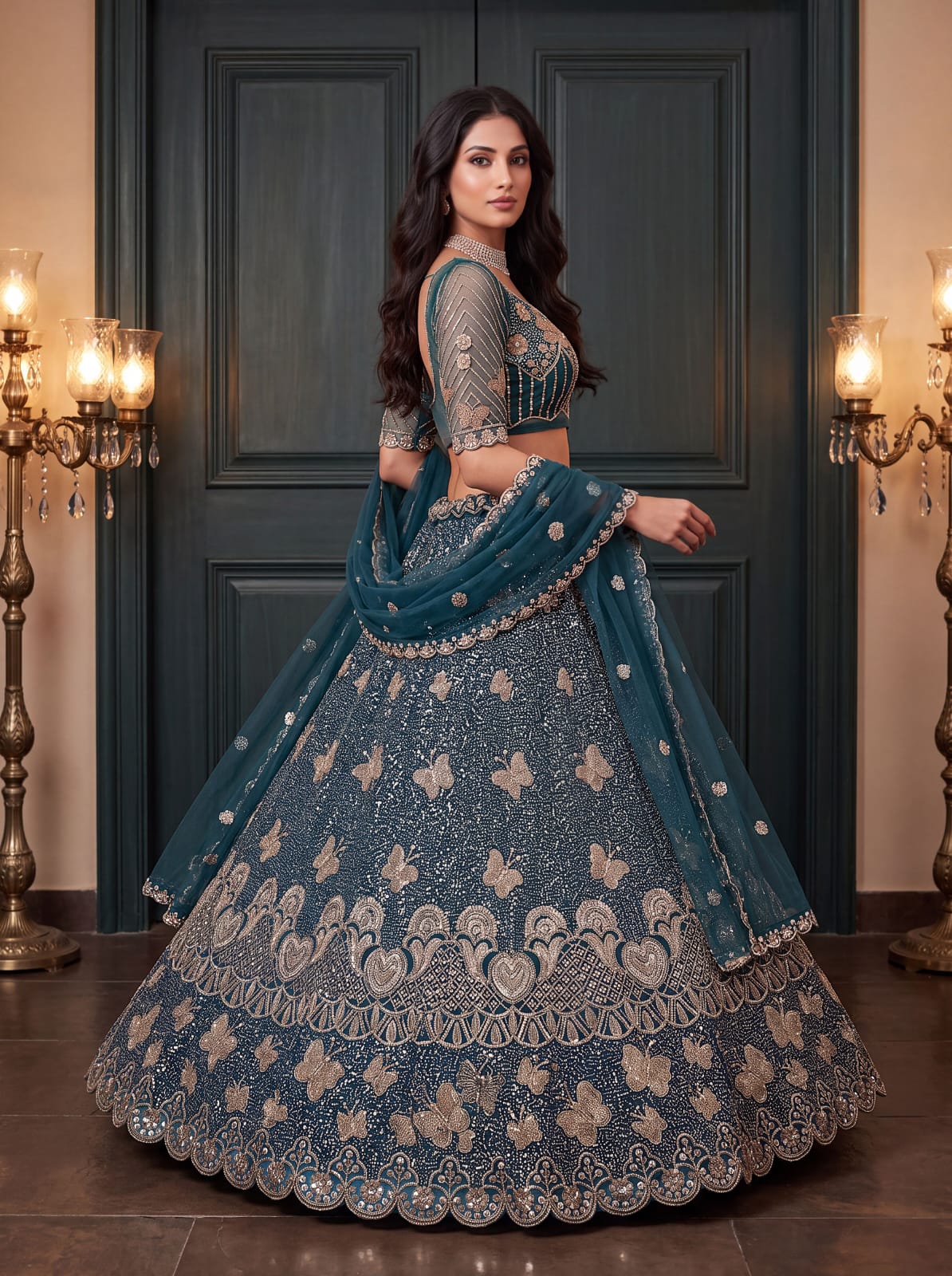 Teal Blue Pure Heavy Net Motif Handwork Zari Sequins Work Bridal Lehenga Choli