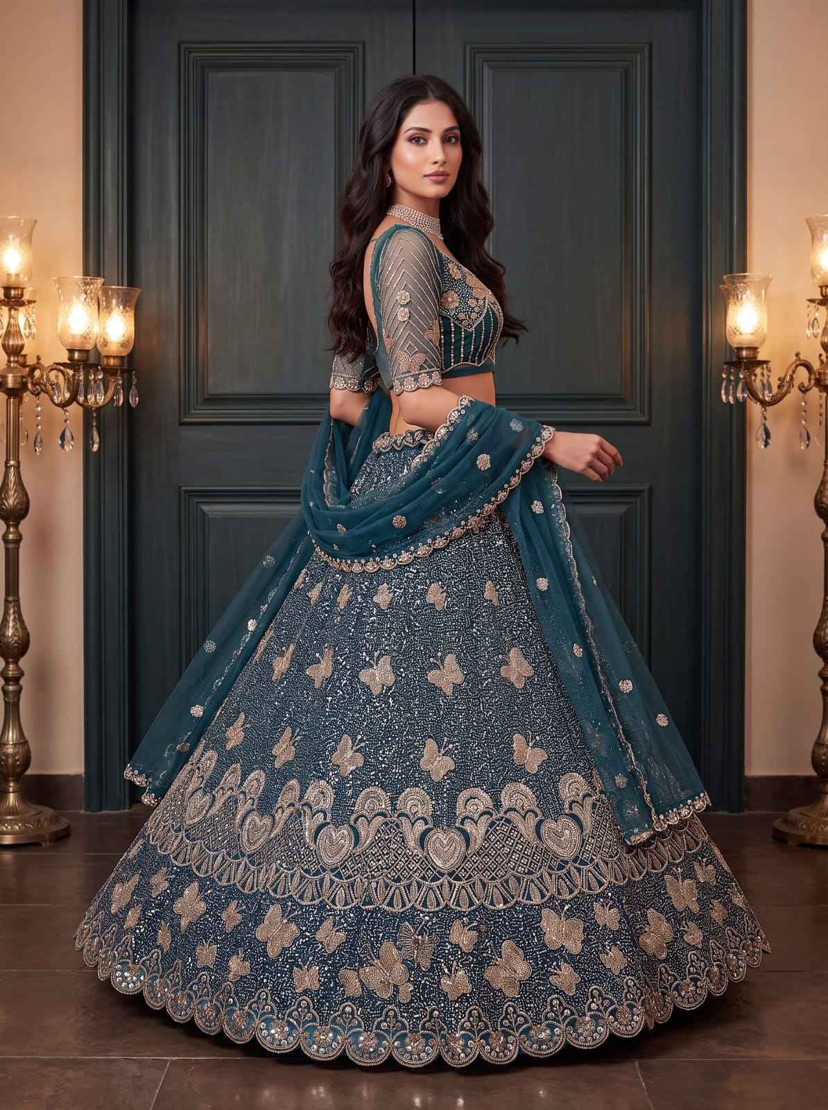 Teal Blue Pure Heavy Net Motif Handwork Zari Sequins Work Bridal Lehenga Choli